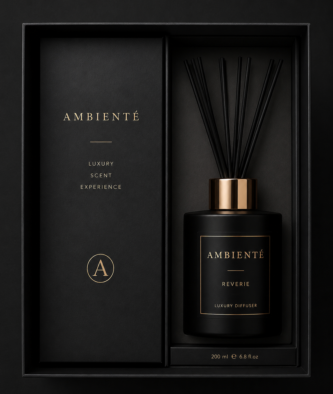 AMBIENTÉ Reverie diffuser presented inside its black premium packaging